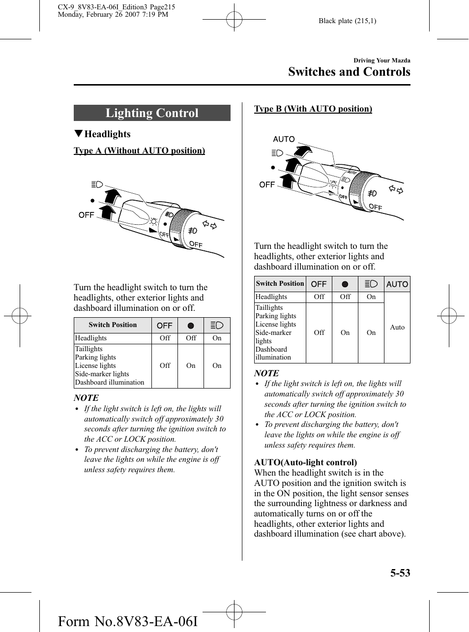 Switches and controls, Lighting control, Switches and controls -53 | Lighting control -53, Qheadlights | Mazda 2007 CX-9 User Manual | Page 215 / 502