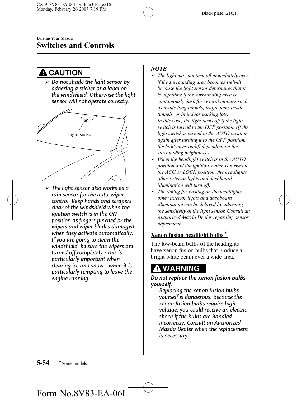 Switches and controls, Caution, Warning | Mazda 2007 CX-9 User Manual | Page 216 / 502