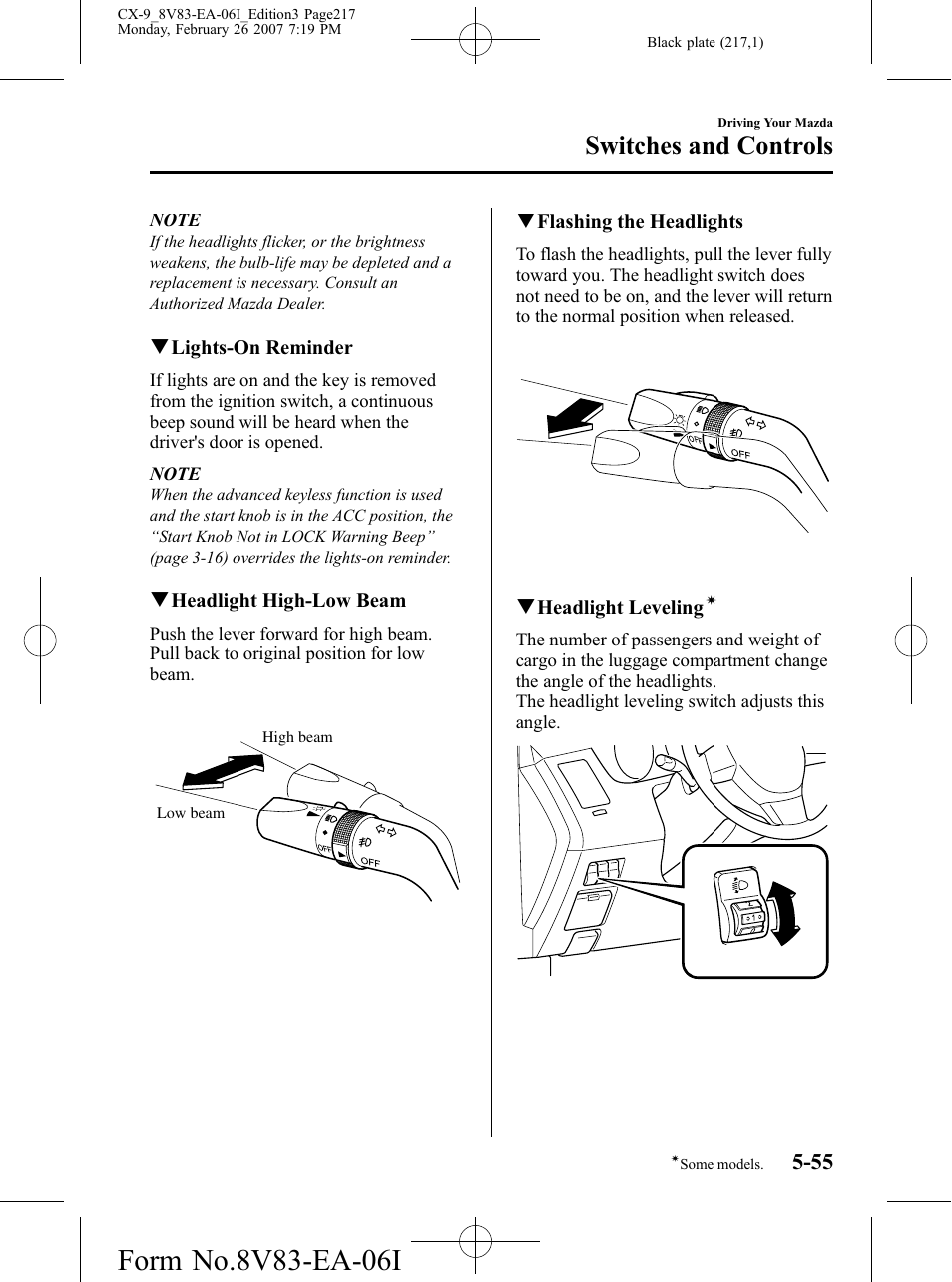 Switches and controls | Mazda 2007 CX-9 User Manual | Page 217 / 502