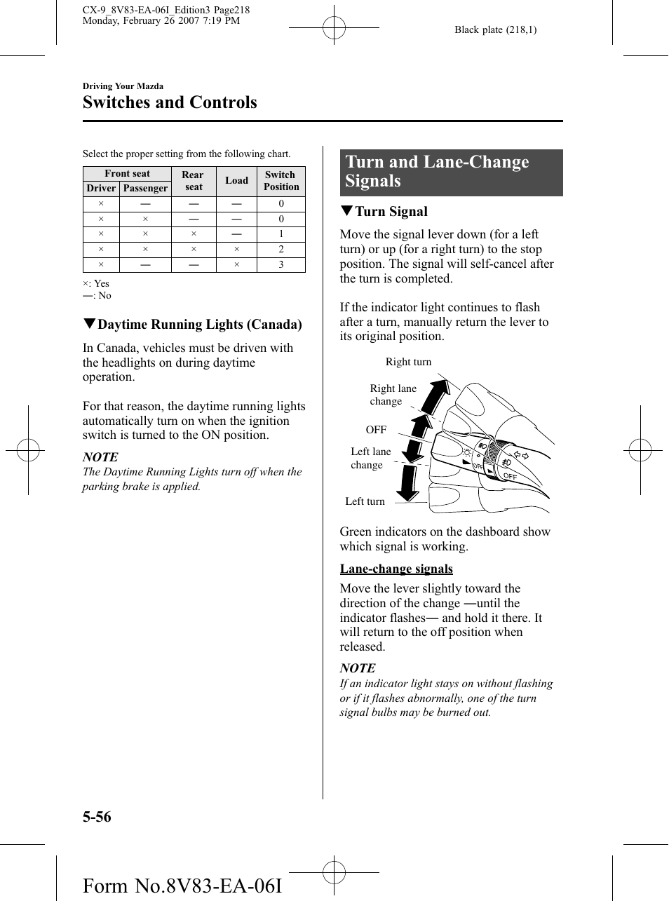 Turn and lane-change signals, Turn and lane-change signals -56, Switches and controls | Qdaytime running lights (canada), Qturn signal | Mazda 2007 CX-9 User Manual | Page 218 / 502