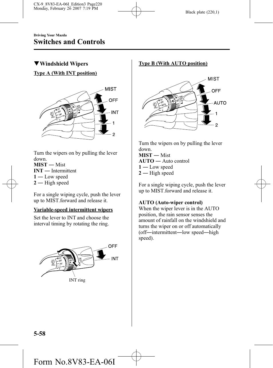 Switches and controls | Mazda 2007 CX-9 User Manual | Page 220 / 502