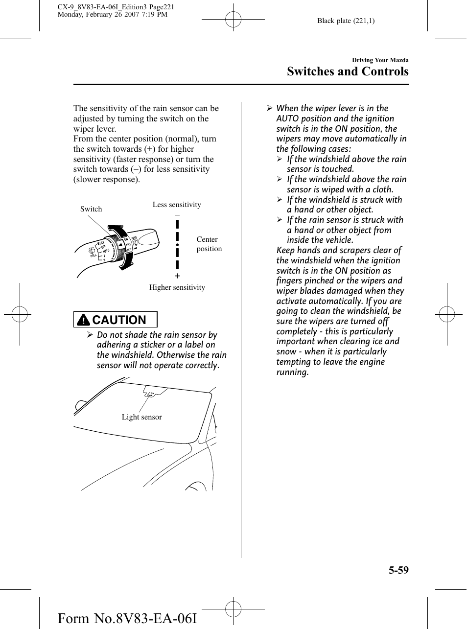 Switches and controls, Caution | Mazda 2007 CX-9 User Manual | Page 221 / 502