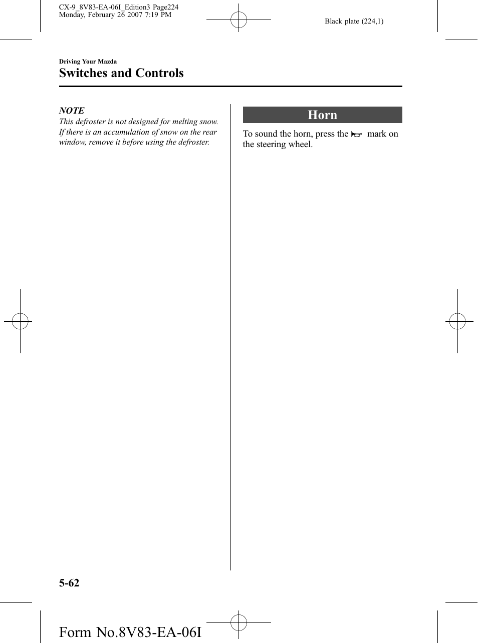 Horn, Horn -62, Switches and controls | Mazda 2007 CX-9 User Manual | Page 224 / 502