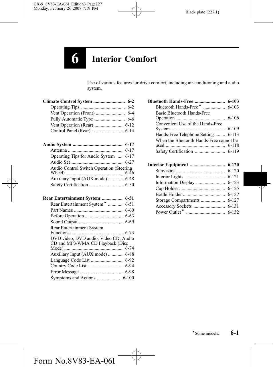 Interior comfort | Mazda 2007 CX-9 User Manual | Page 227 / 502
