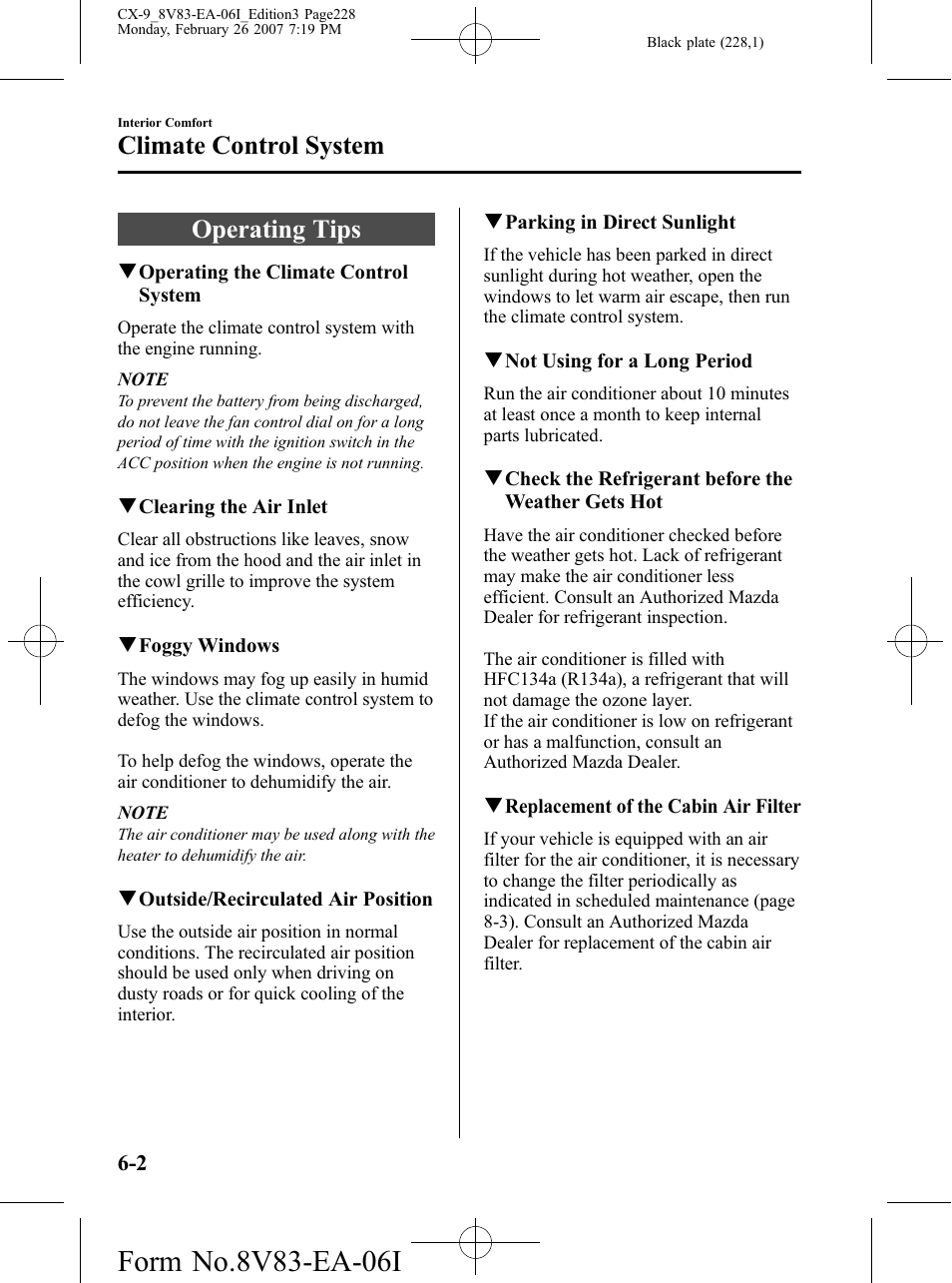 Climate control system, Operating tips, Climate control system -2 | Operating tips -2 | Mazda 2007 CX-9 User Manual | Page 228 / 502