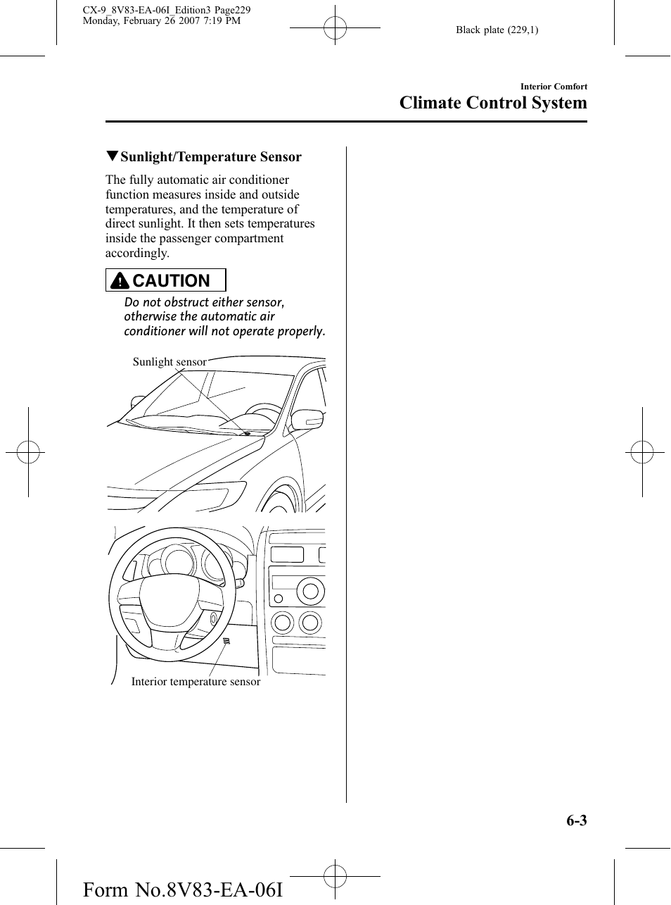 Climate control system, Caution | Mazda 2007 CX-9 User Manual | Page 229 / 502