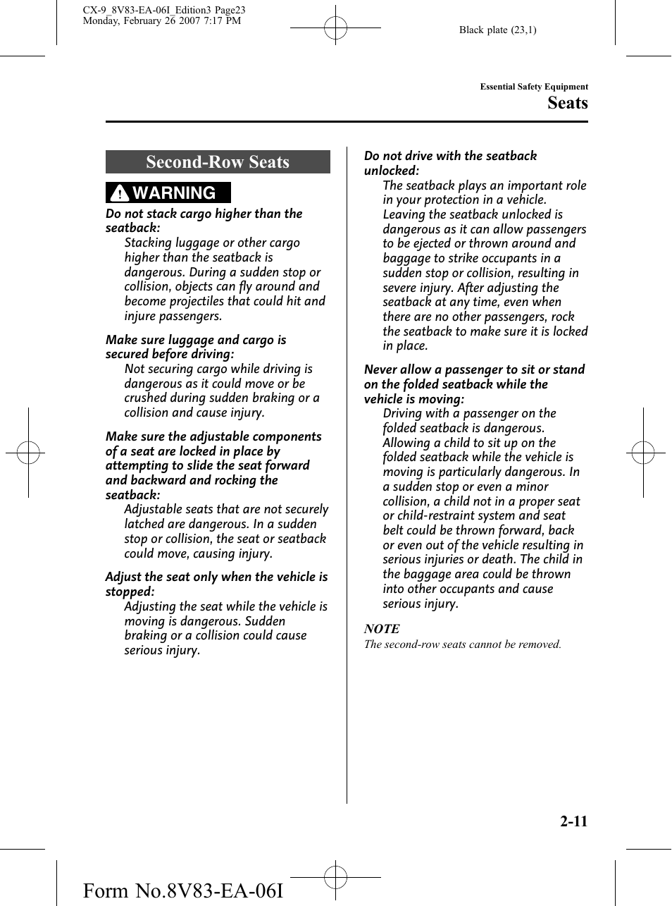 Second-row seats, Second-row seats -11, Seats | Warning | Mazda 2007 CX-9 User Manual | Page 23 / 502