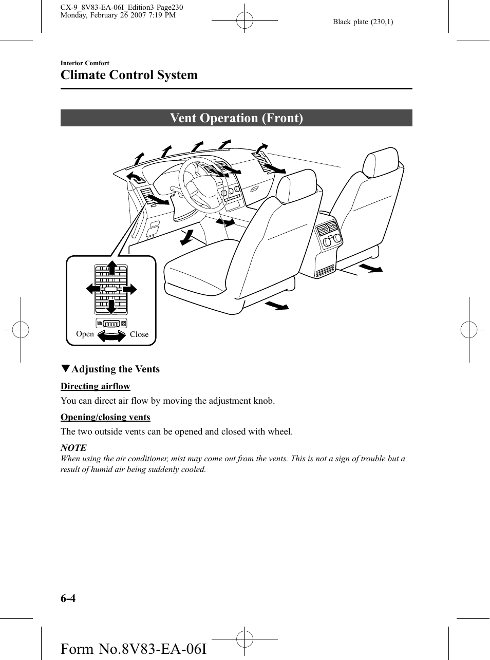 Vent operation (front), Vent operation (front) -4, Climate control system | Mazda 2007 CX-9 User Manual | Page 230 / 502
