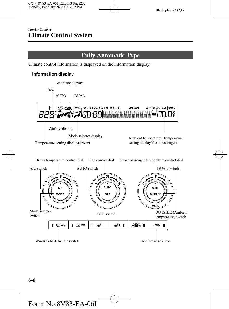 Fully automatic type, Fully automatic type -6, Climate control system | Mazda 2007 CX-9 User Manual | Page 232 / 502