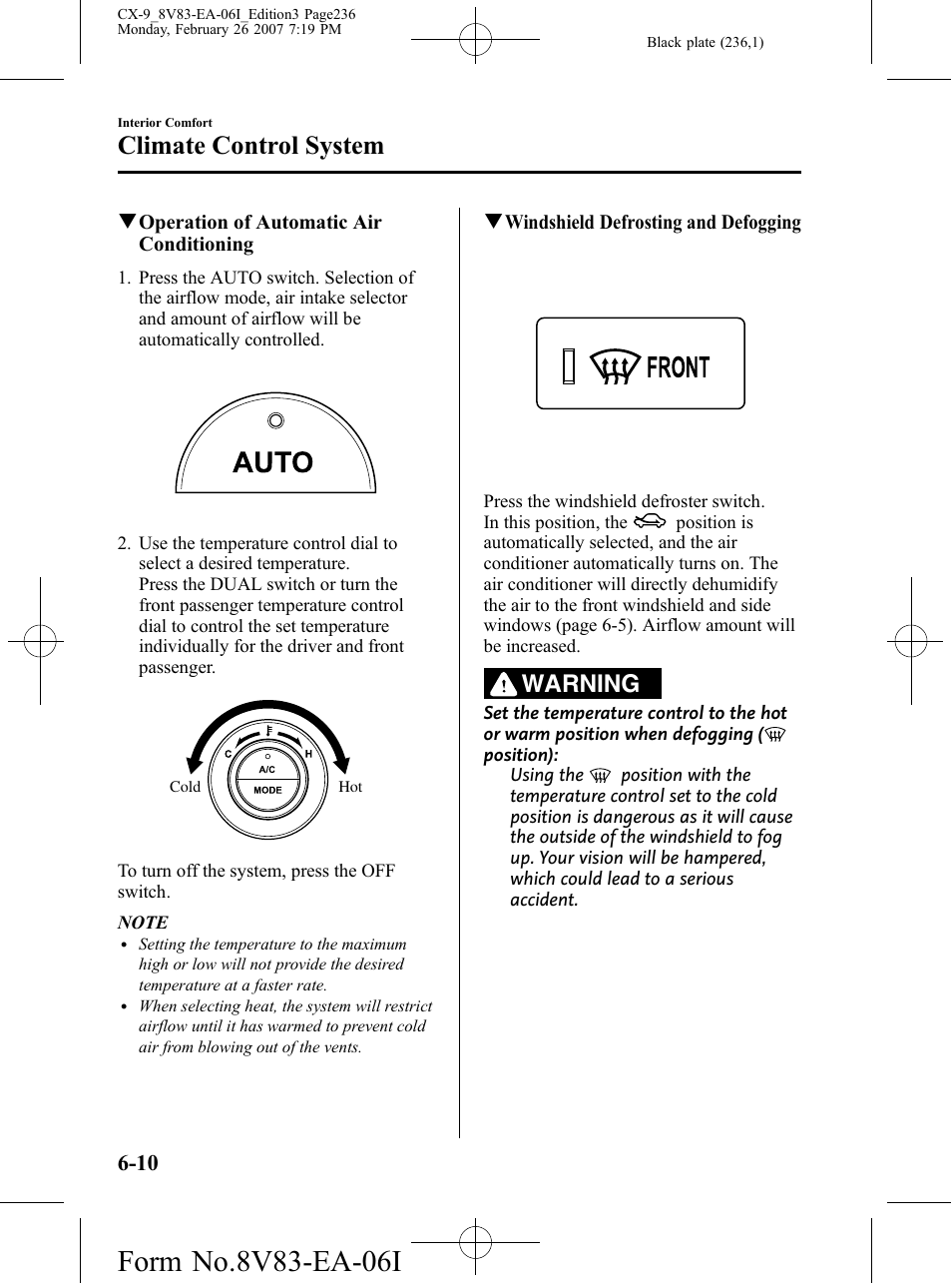 Climate control system, Warning | Mazda 2007 CX-9 User Manual | Page 236 / 502