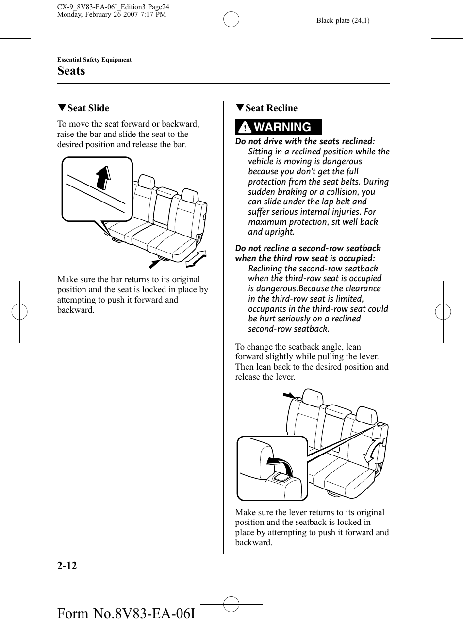 Seats, Warning | Mazda 2007 CX-9 User Manual | Page 24 / 502