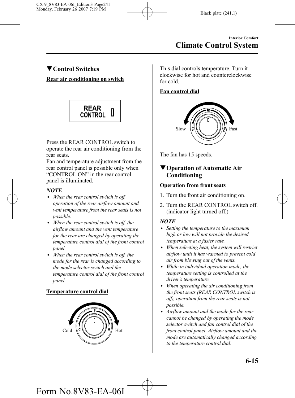 Climate control system, Qcontrol switches, Qoperation of automatic air conditioning | Mazda 2007 CX-9 User Manual | Page 241 / 502