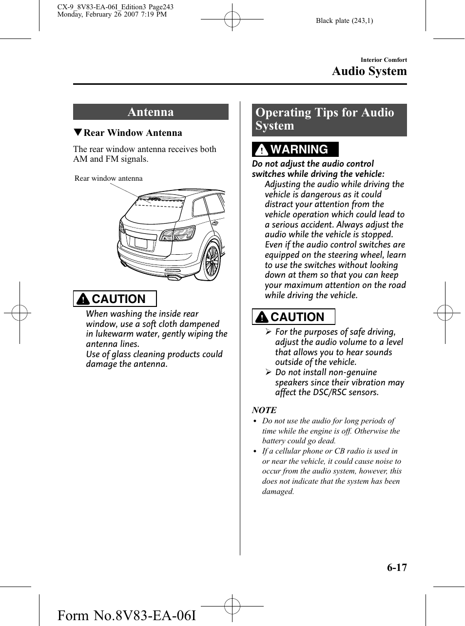 Audio system, Antenna, Operating tips for audio system | Audio system -17, Antenna -17 operating tips for audio system -17, Caution, Warning | Mazda 2007 CX-9 User Manual | Page 243 / 502