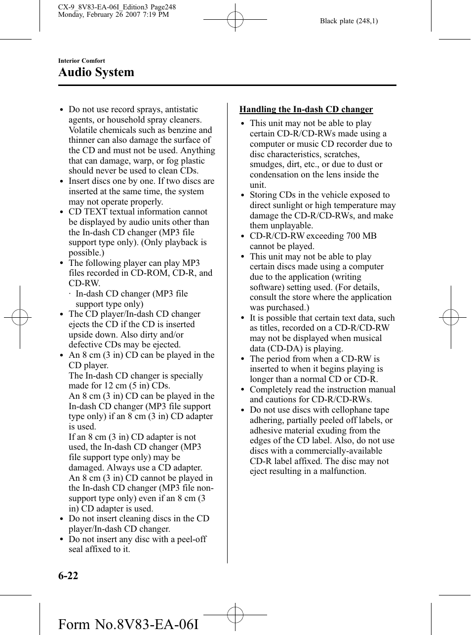 Audio system | Mazda 2007 CX-9 User Manual | Page 248 / 502