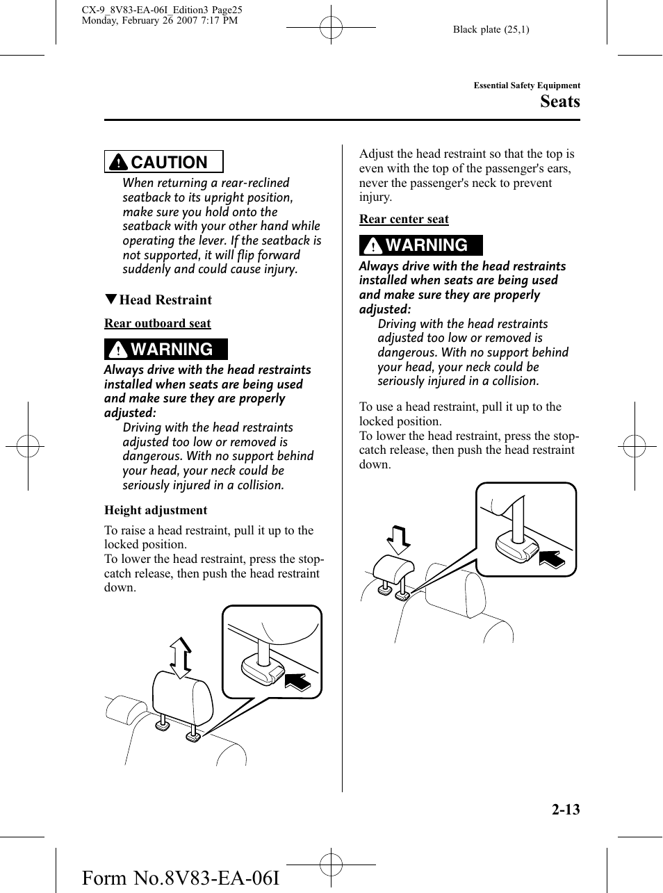 Seats, Caution, Warning | Mazda 2007 CX-9 User Manual | Page 25 / 502
