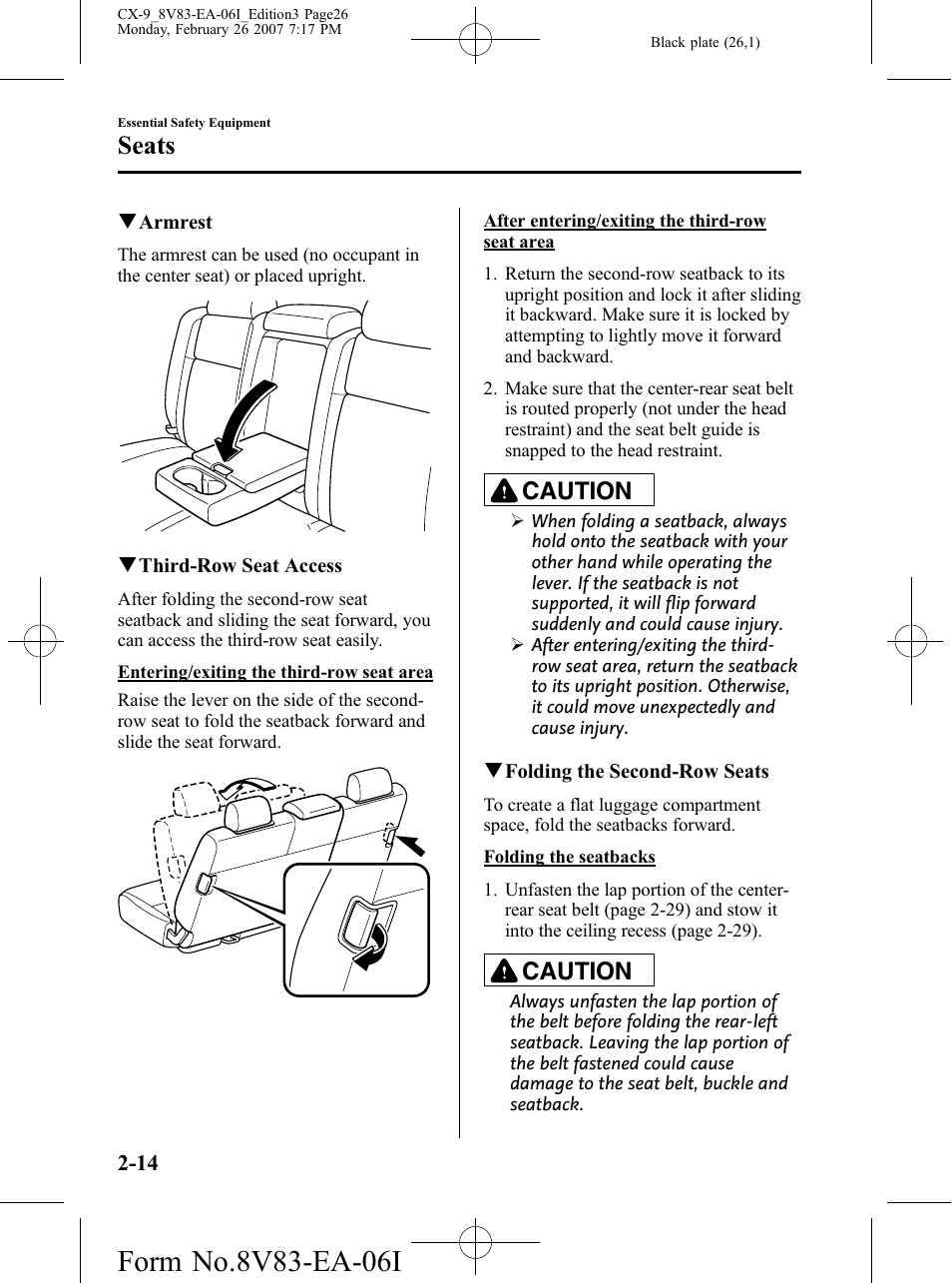 Seats, Caution | Mazda 2007 CX-9 User Manual | Page 26 / 502