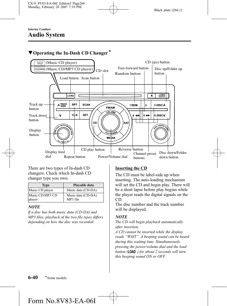 Audio system, Qoperating the in-dash cd changer | Mazda 2007 CX-9 User Manual | Page 266 / 502
