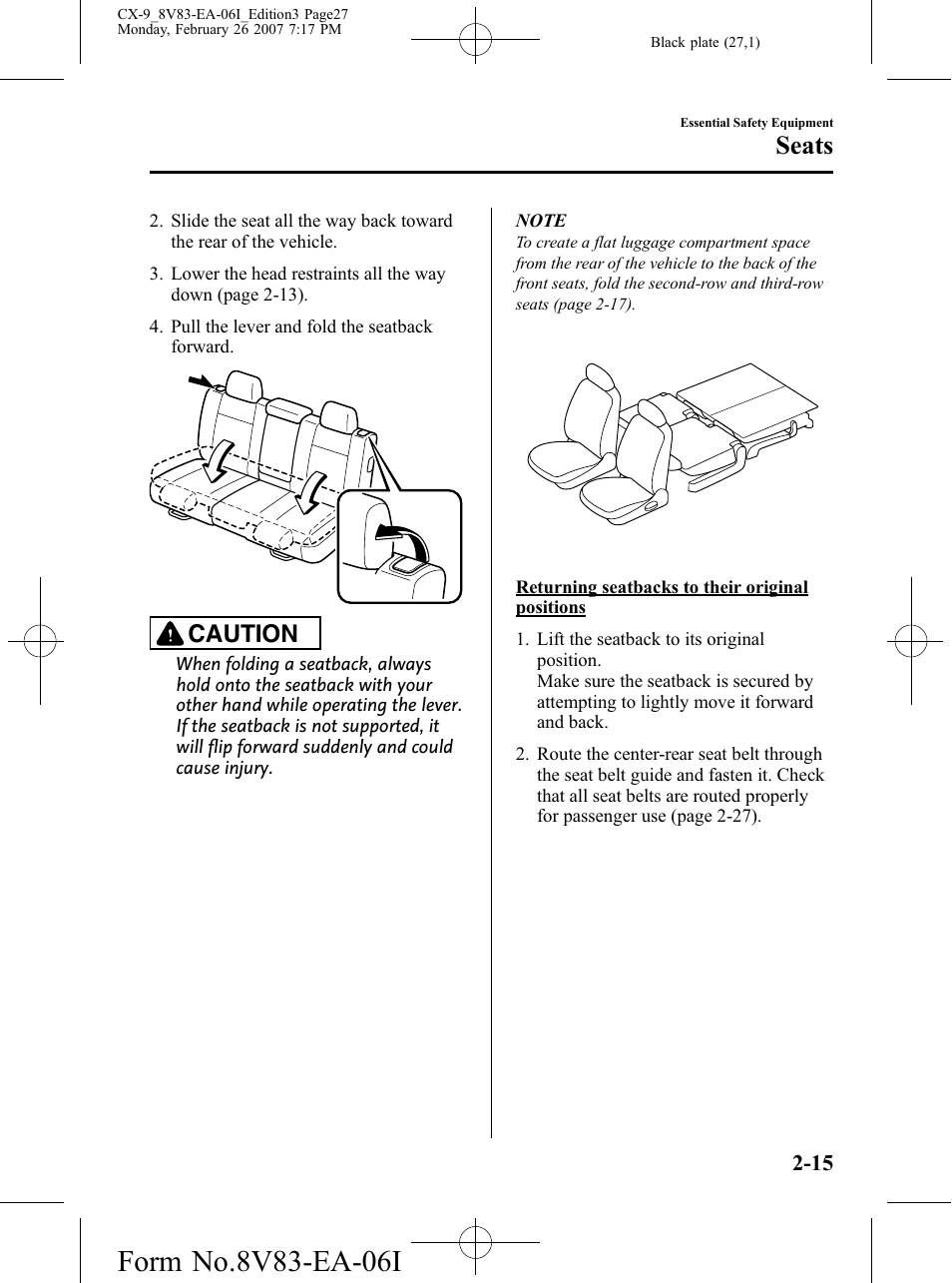 Seats, Caution | Mazda 2007 CX-9 User Manual | Page 27 / 502