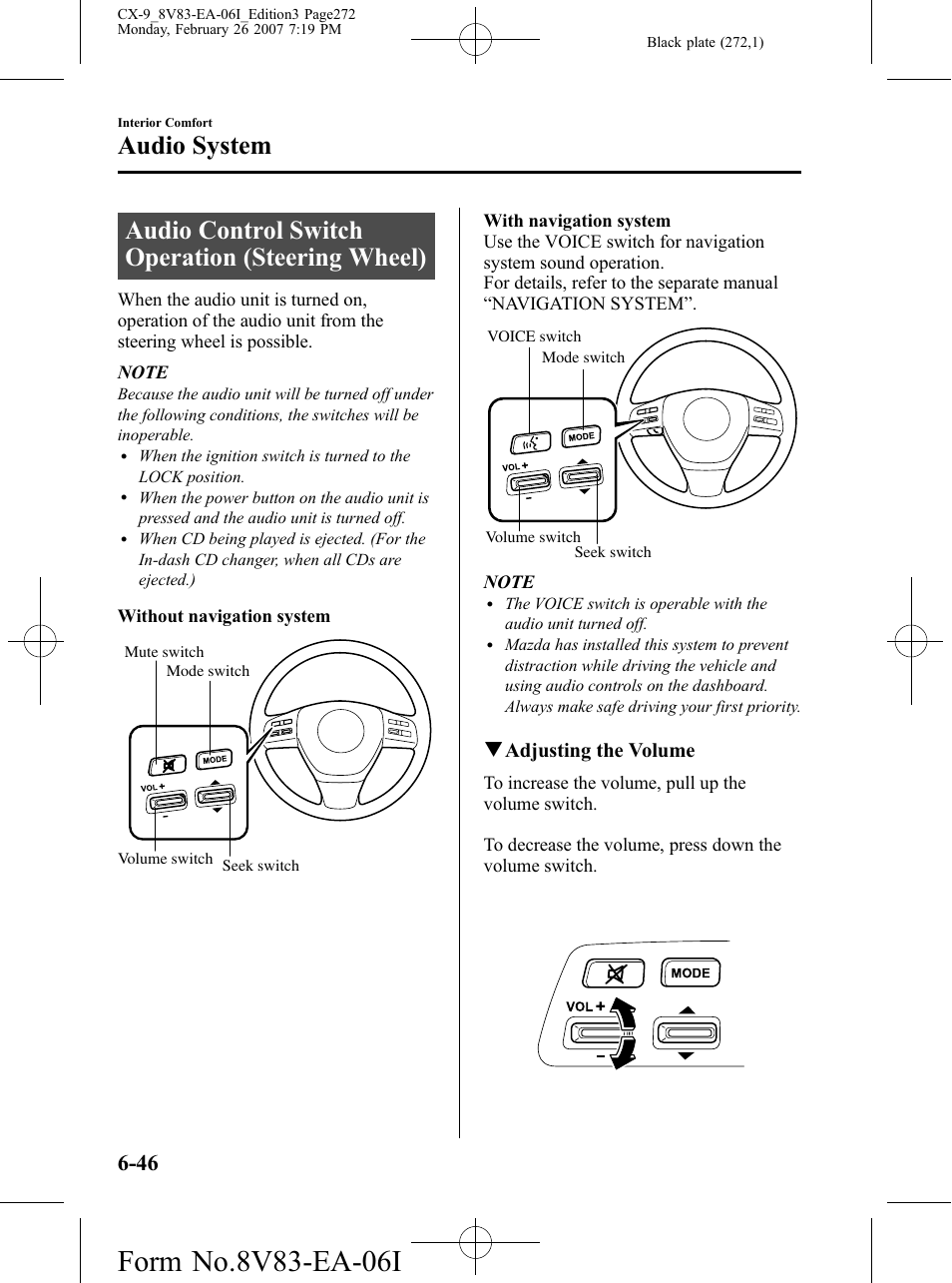 Audio control switch operation (steering wheel), Audio system, Qadjusting the volume | Mazda 2007 CX-9 User Manual | Page 272 / 502