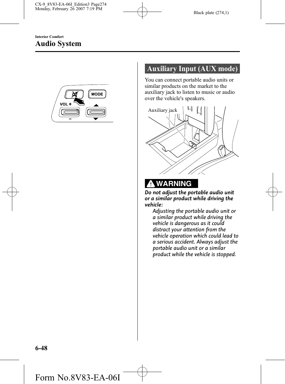 Auxiliary input (aux mode), Auxiliary input (aux mode) -48, Audio system | Warning | Mazda 2007 CX-9 User Manual | Page 274 / 502