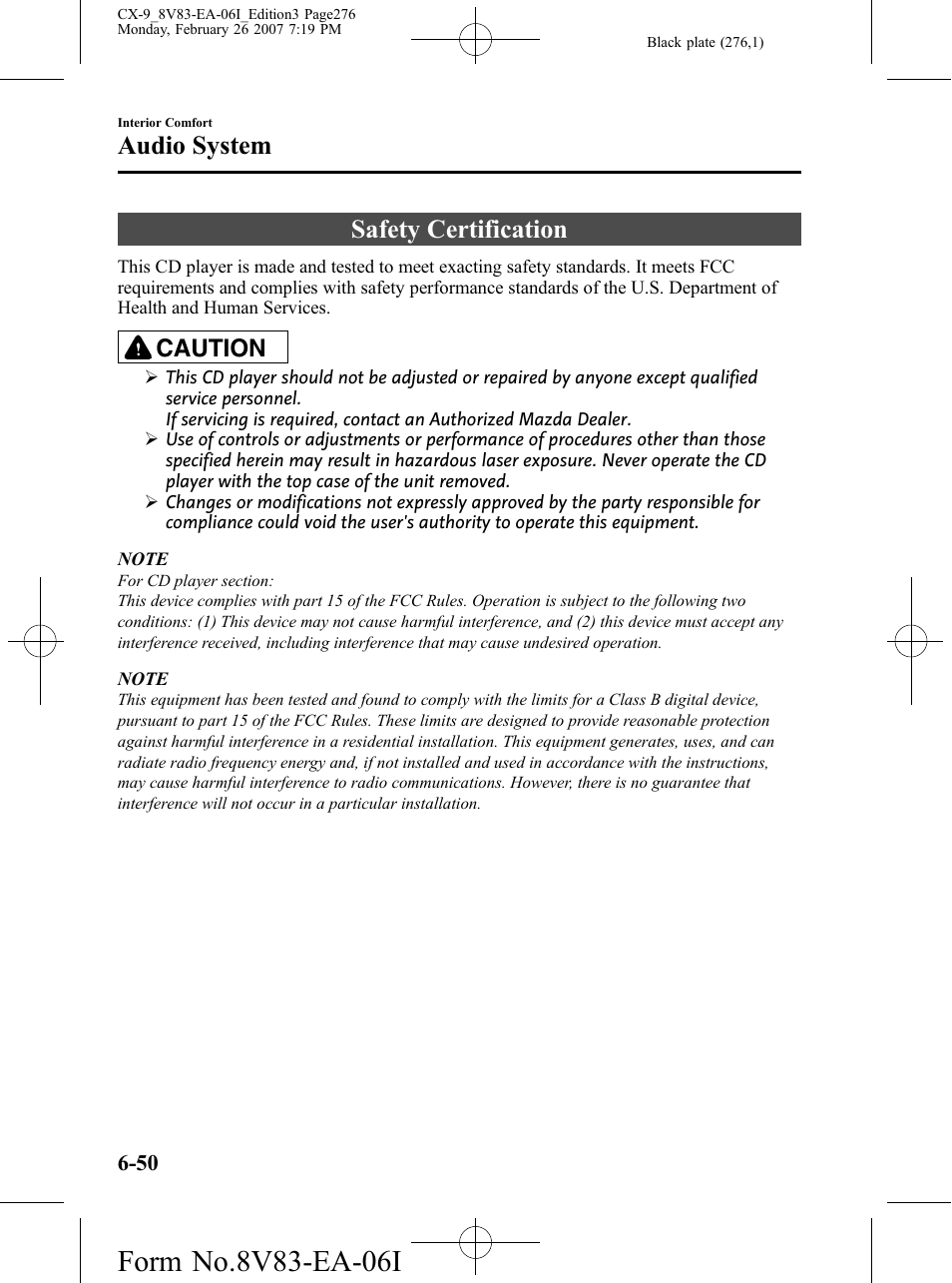 Safety certification, Safety certification -50, Audio system | Caution | Mazda 2007 CX-9 User Manual | Page 276 / 502