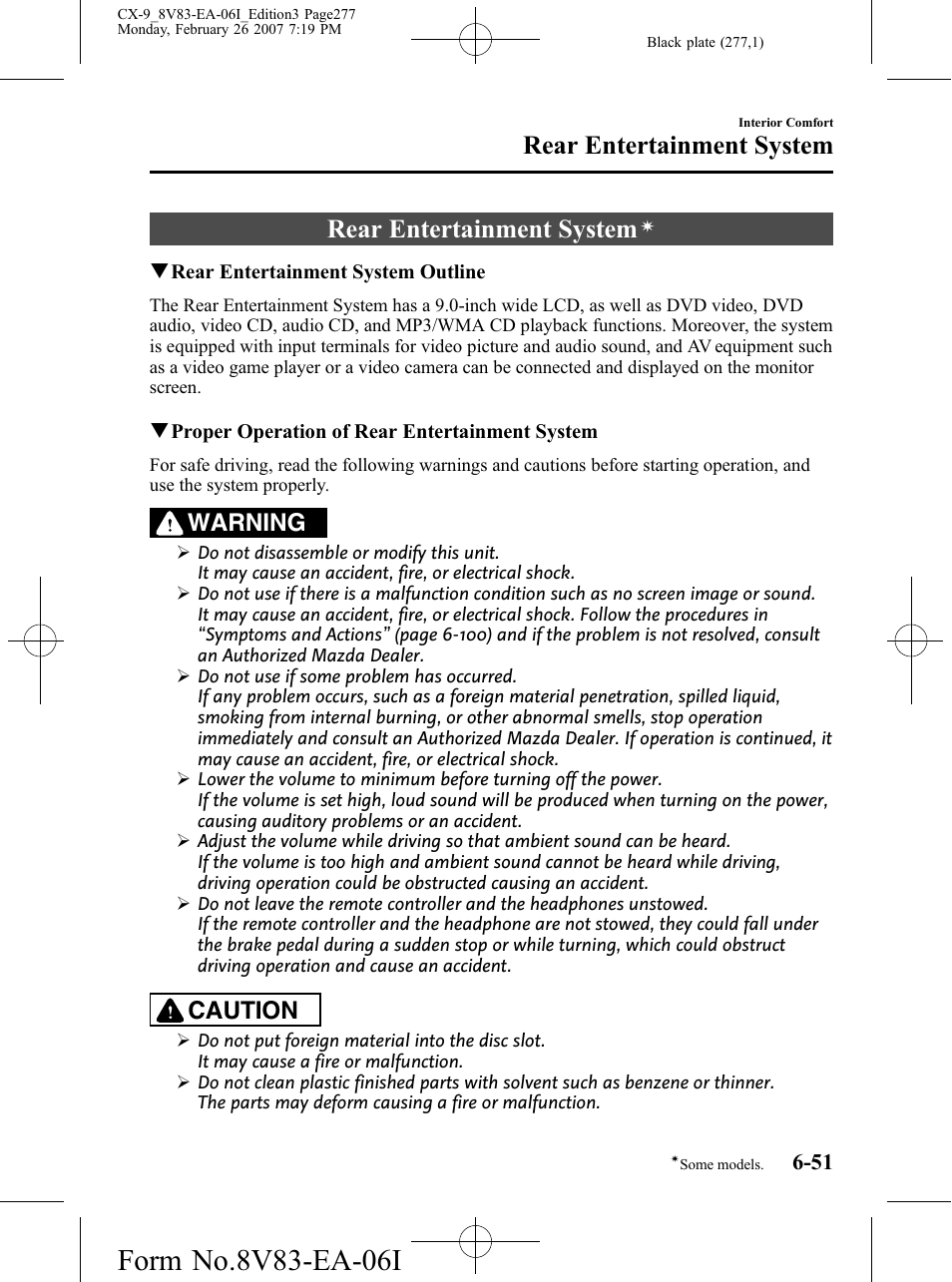 Rear entertainment system, Rear entertainment system -51, Warning | Caution | Mazda 2007 CX-9 User Manual | Page 277 / 502