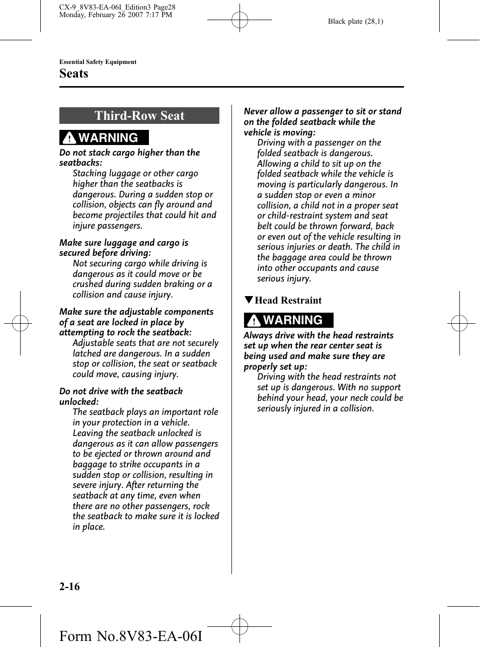 Third-row seat, Third-row seat -16, Seats | Warning | Mazda 2007 CX-9 User Manual | Page 28 / 502