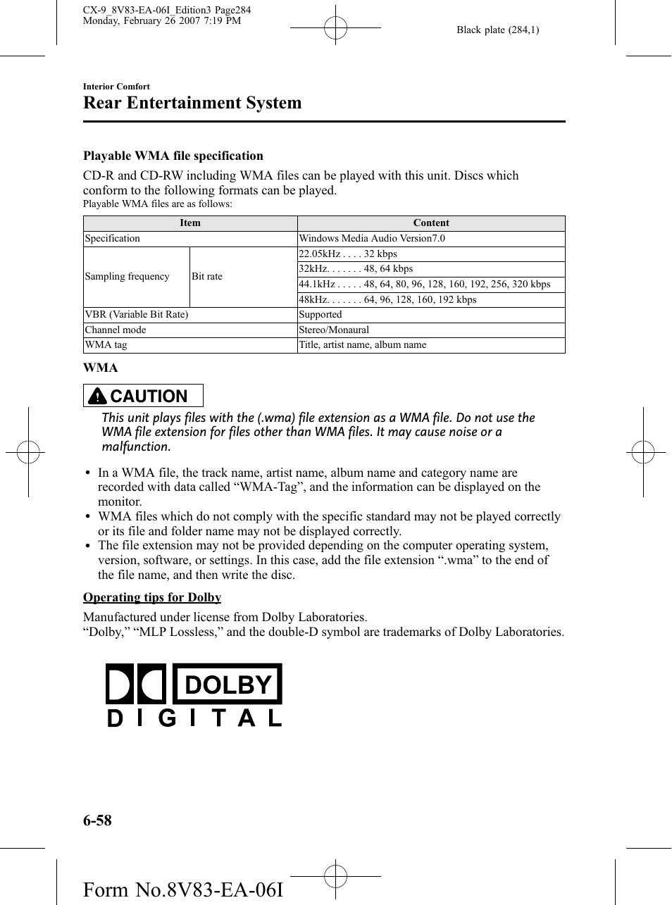Rear entertainment system, Caution | Mazda 2007 CX-9 User Manual | Page 284 / 502