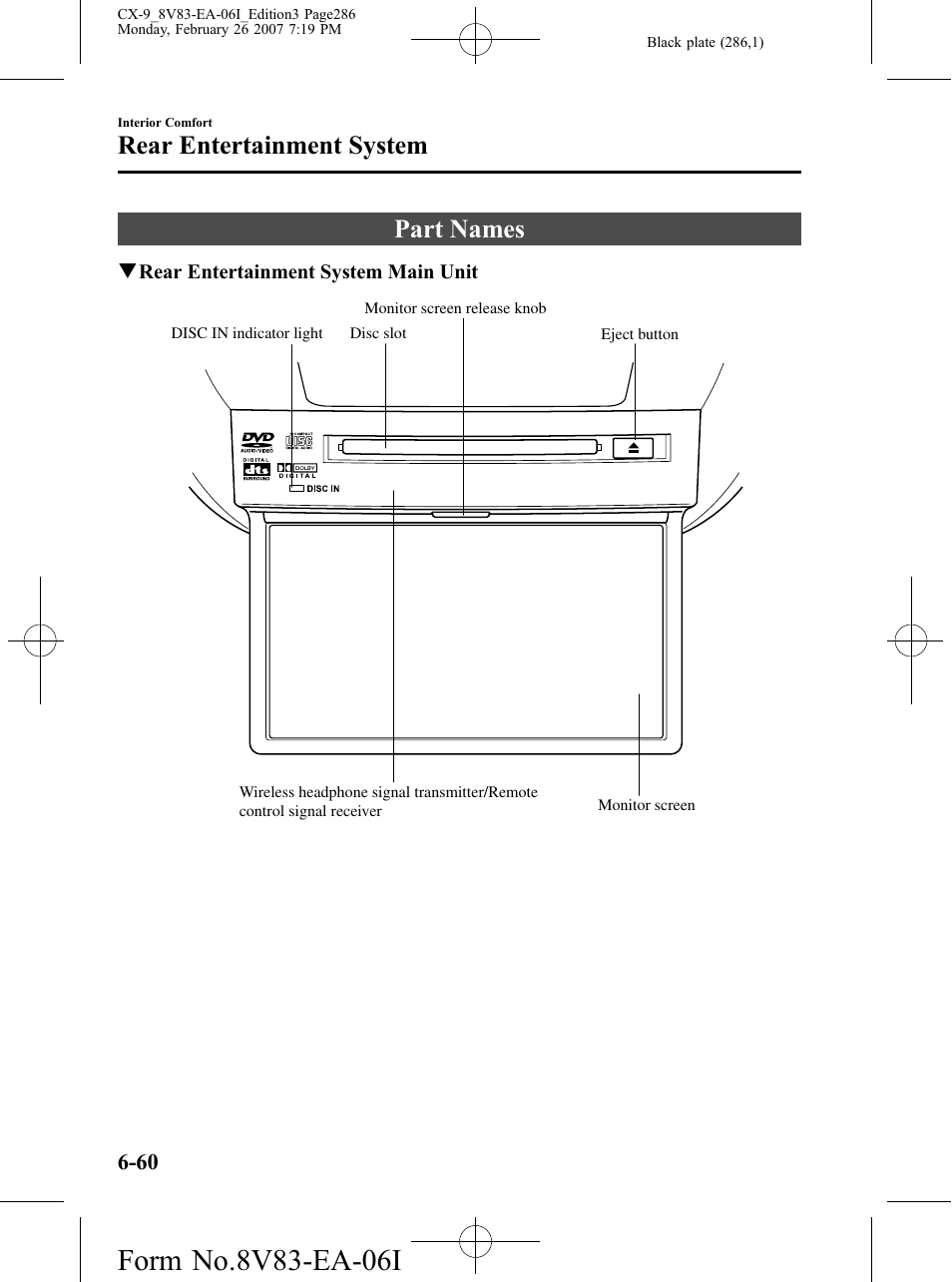 Part names, Part names -60, Rear entertainment system | Mazda 2007 CX-9 User Manual | Page 286 / 502