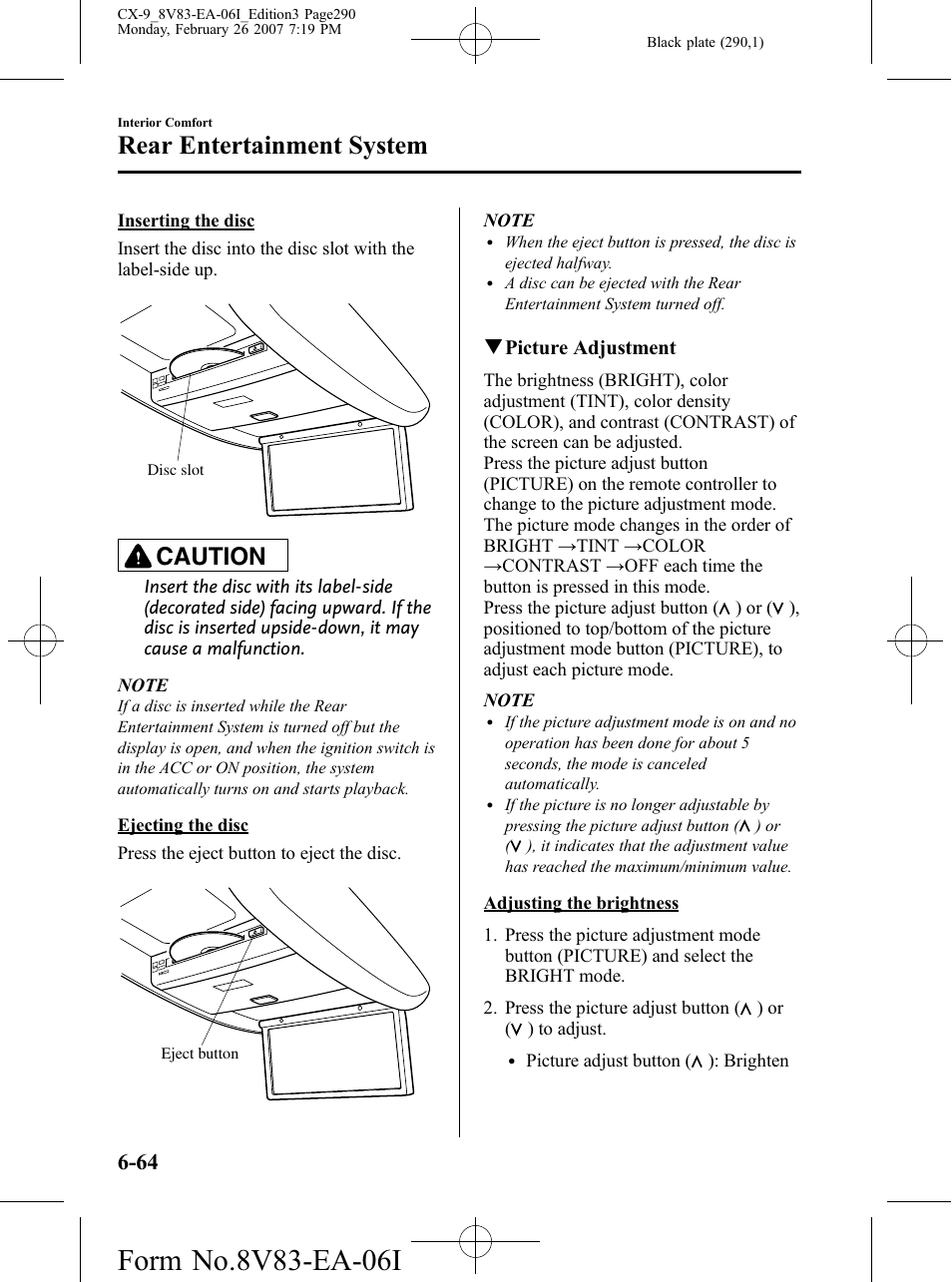 Rear entertainment system, Caution | Mazda 2007 CX-9 User Manual | Page 290 / 502