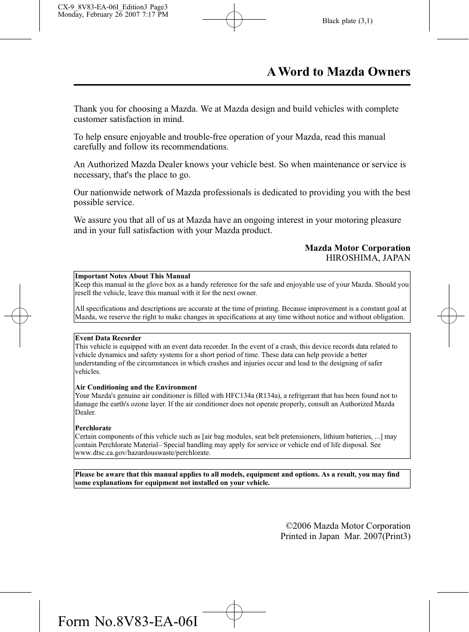 A word to mazda owners, No m-title | Mazda 2007 CX-9 User Manual | Page 3 / 502