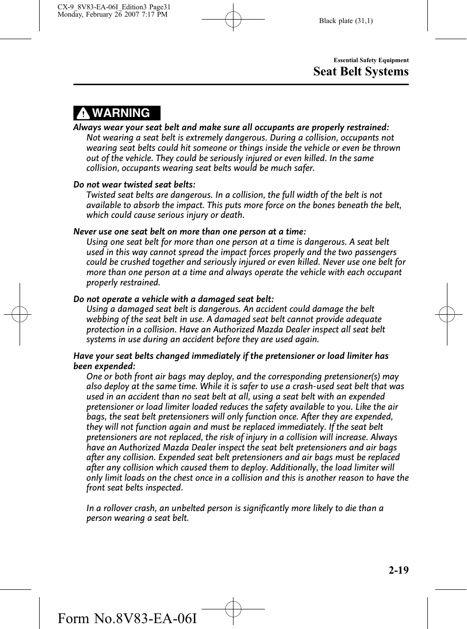 Seat belt systems, Warning | Mazda 2007 CX-9 User Manual | Page 31 / 502