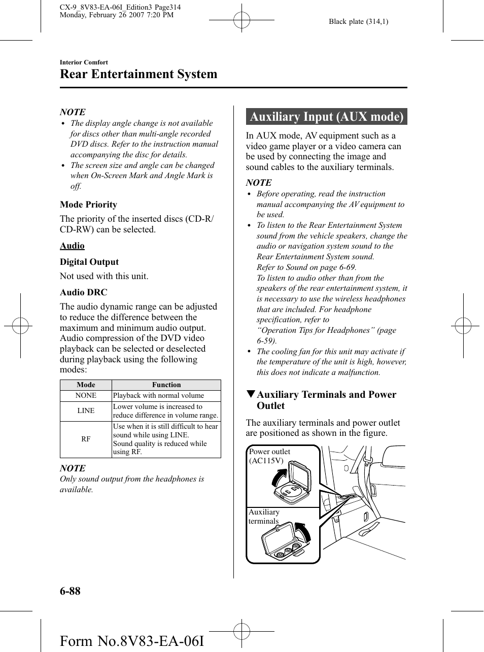 Auxiliary input (aux mode), Auxiliary input (aux mode) -88, Rear entertainment system | Qauxiliary terminals and power outlet | Mazda 2007 CX-9 User Manual | Page 314 / 502