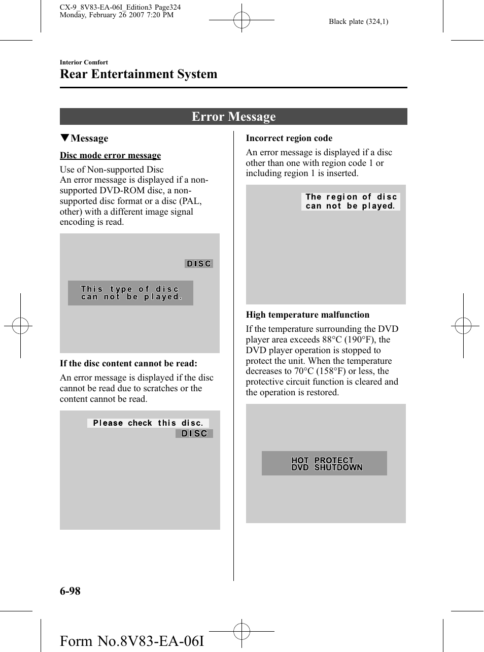 Error message, Error message -98, Rear entertainment system | Mazda 2007 CX-9 User Manual | Page 324 / 502