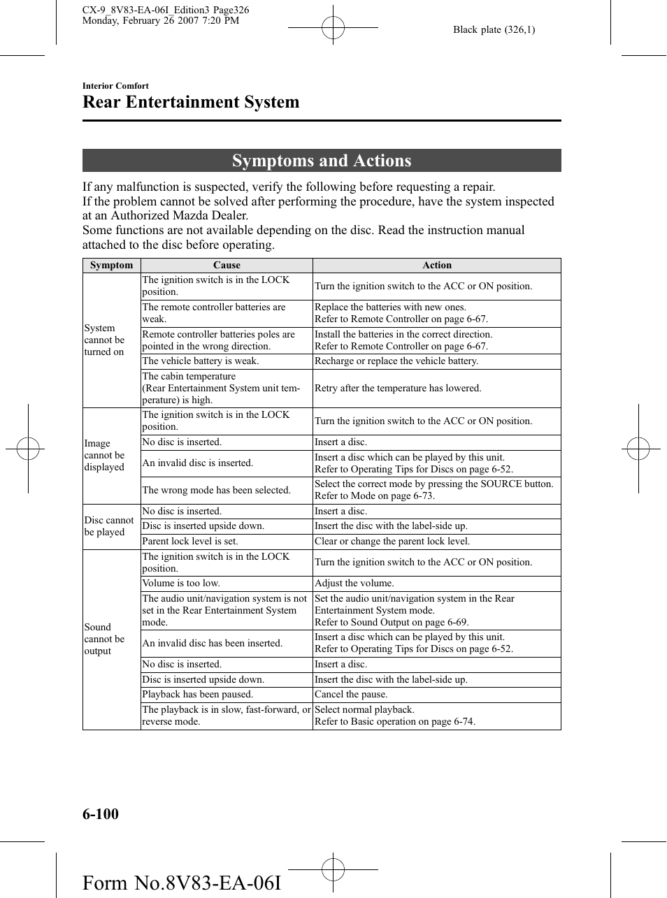 Symptoms and actions, Symptoms and actions -100, Rear entertainment system | Mazda 2007 CX-9 User Manual | Page 326 / 502