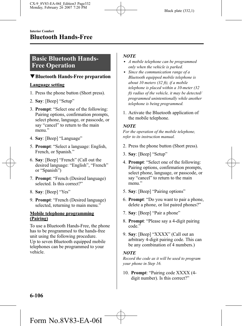 Basic bluetooth hands-free operation, Basic bluetooth hands-free operation -106, Basic bluetooth hands- free operation | Bluetooth hands-free | Mazda 2007 CX-9 User Manual | Page 332 / 502