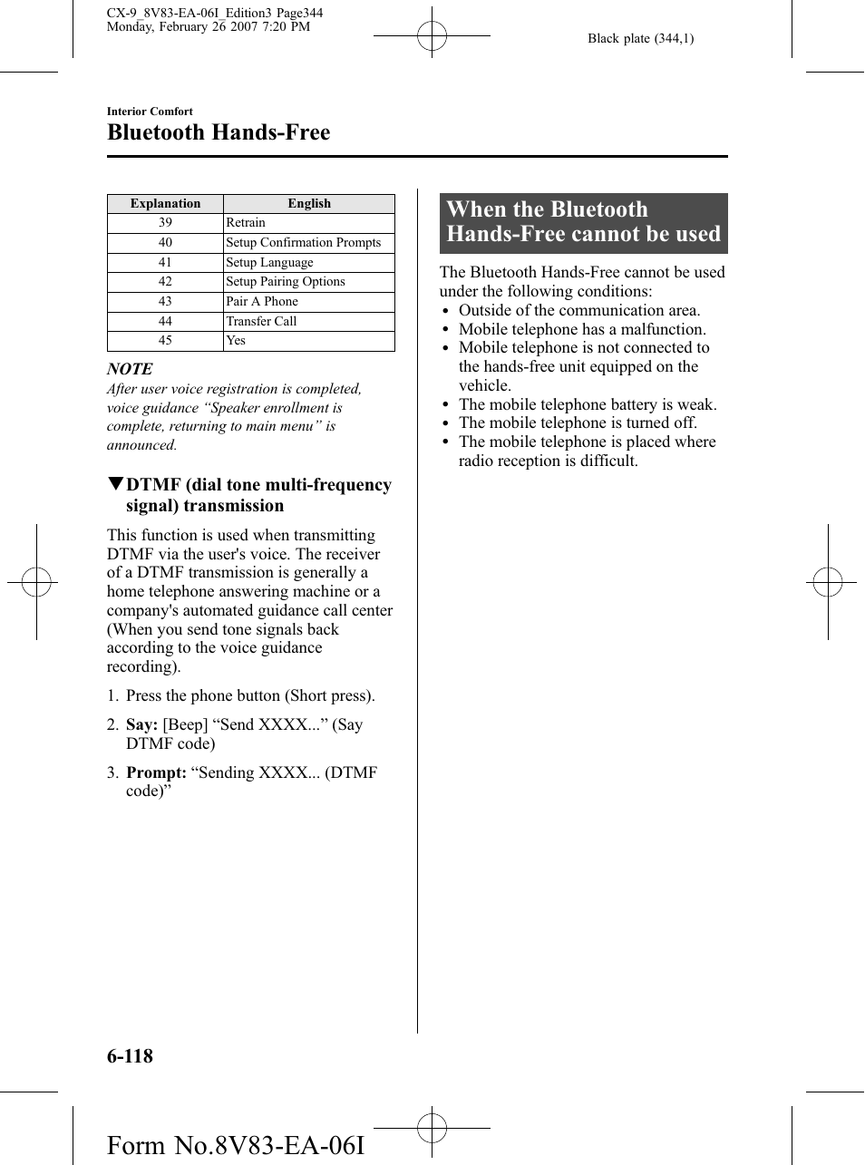 When the bluetooth hands-free cannot be used, When the bluetooth hands-free cannot be used -118, Bluetooth hands-free | Mazda 2007 CX-9 User Manual | Page 344 / 502