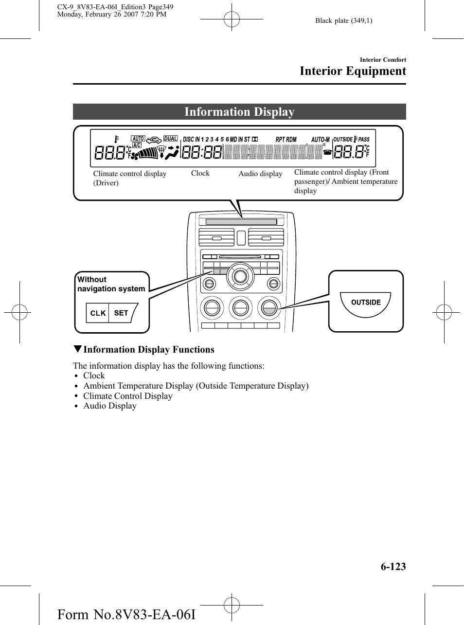 Information display, Information display -123, Interior equipment | Mazda 2007 CX-9 User Manual | Page 349 / 502