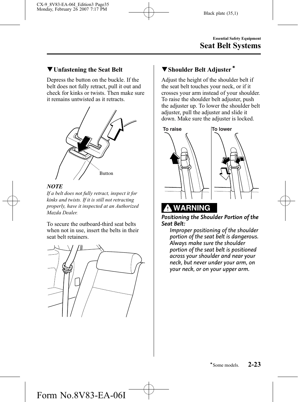 Seat belt systems, Warning | Mazda 2007 CX-9 User Manual | Page 35 / 502