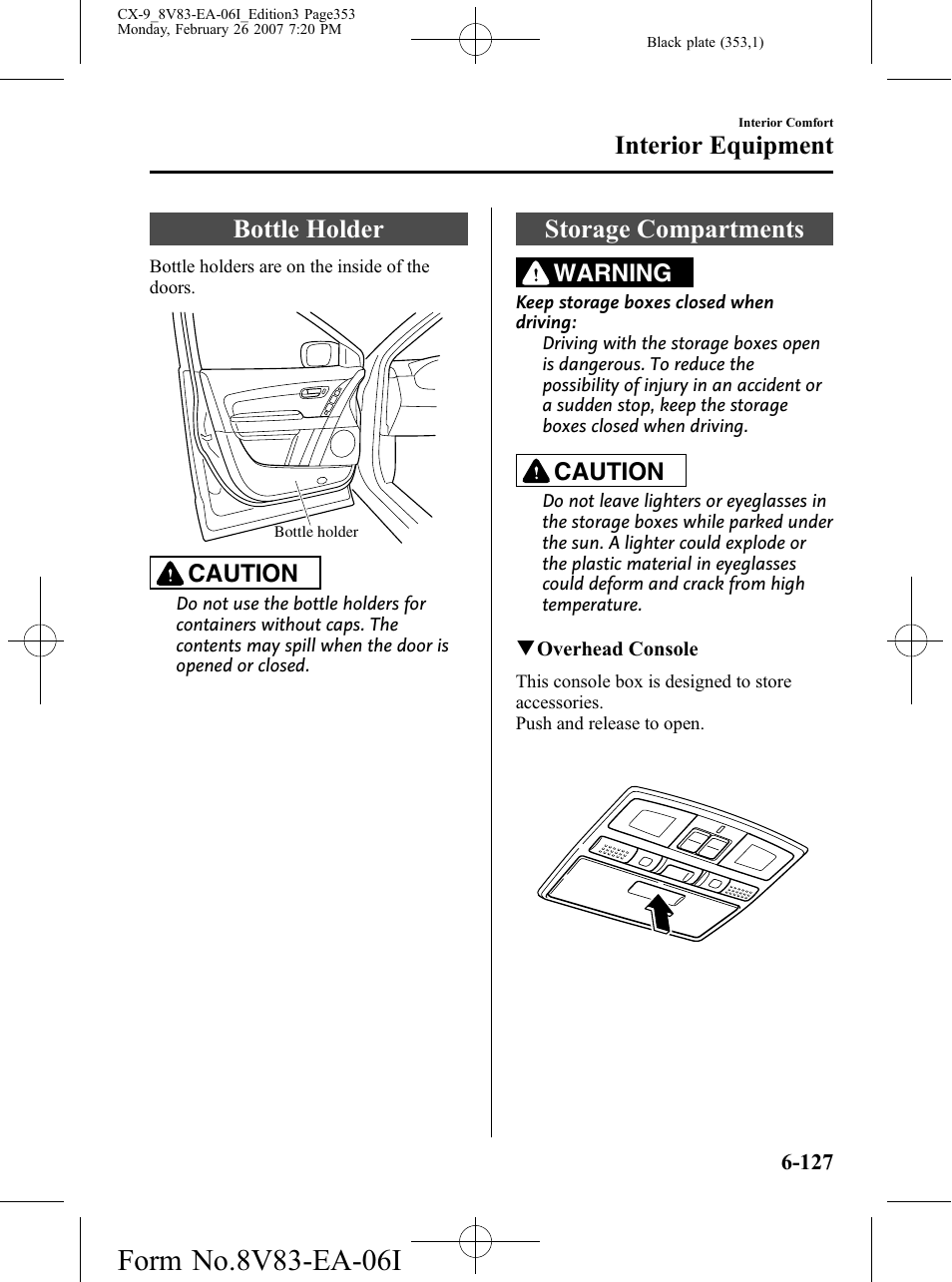 Bottle holder, Storage compartments, Bottle holder -127 storage compartments -127 | Interior equipment, Caution, Warning | Mazda 2007 CX-9 User Manual | Page 353 / 502