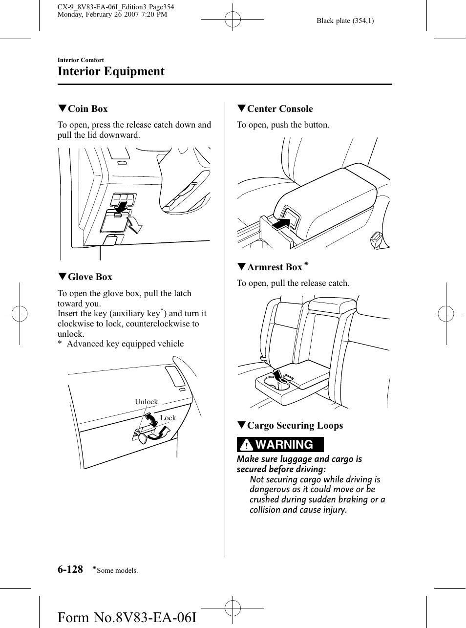 Interior equipment, Warning | Mazda 2007 CX-9 User Manual | Page 354 / 502