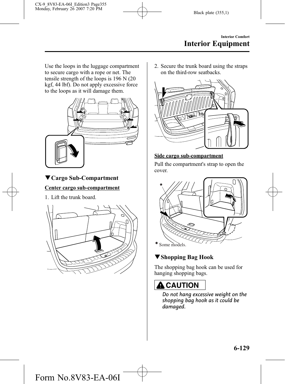 Interior equipment, Caution | Mazda 2007 CX-9 User Manual | Page 355 / 502