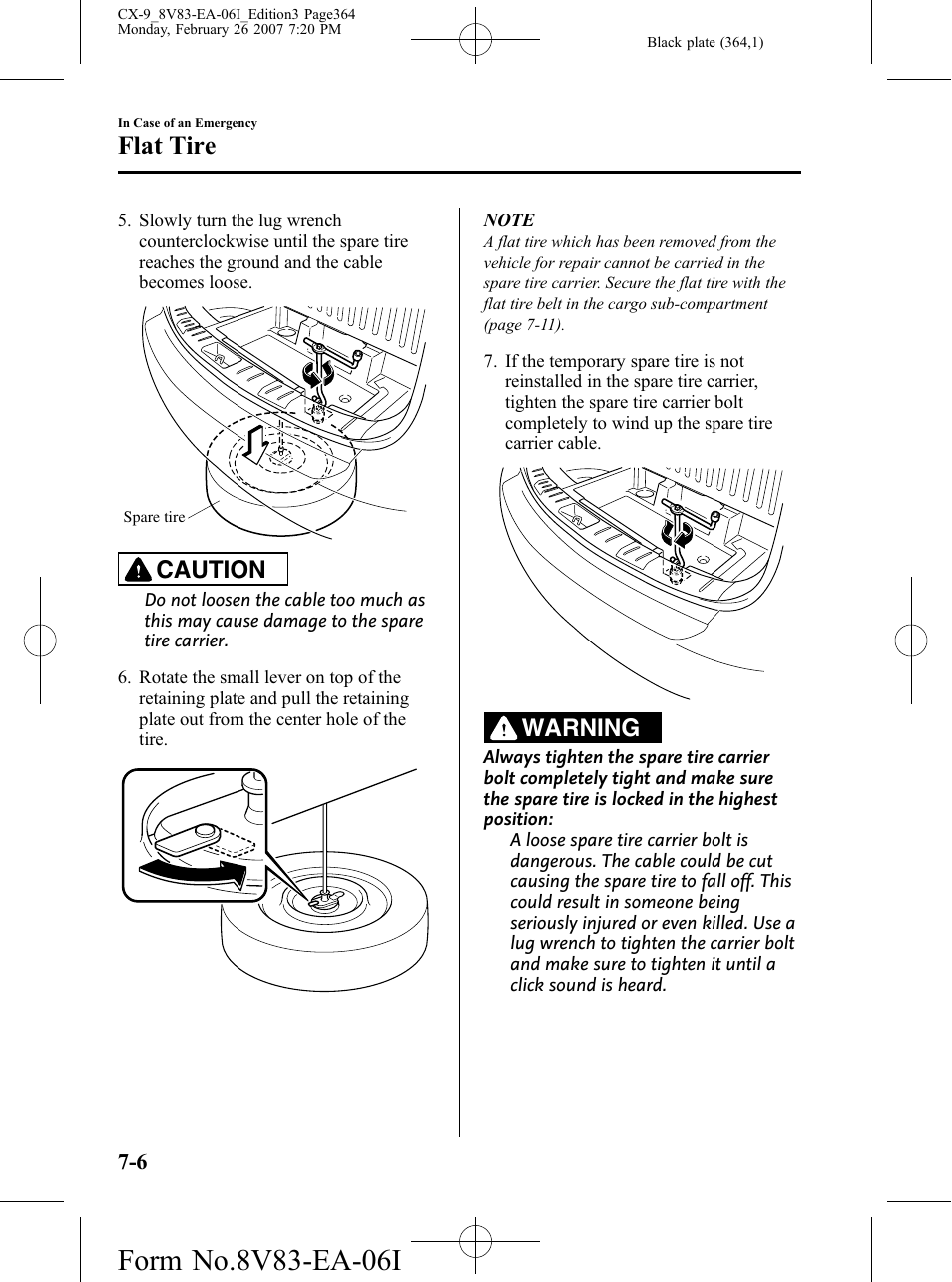 Flat tire, Caution, Warning | Mazda 2007 CX-9 User Manual | Page 364 / 502