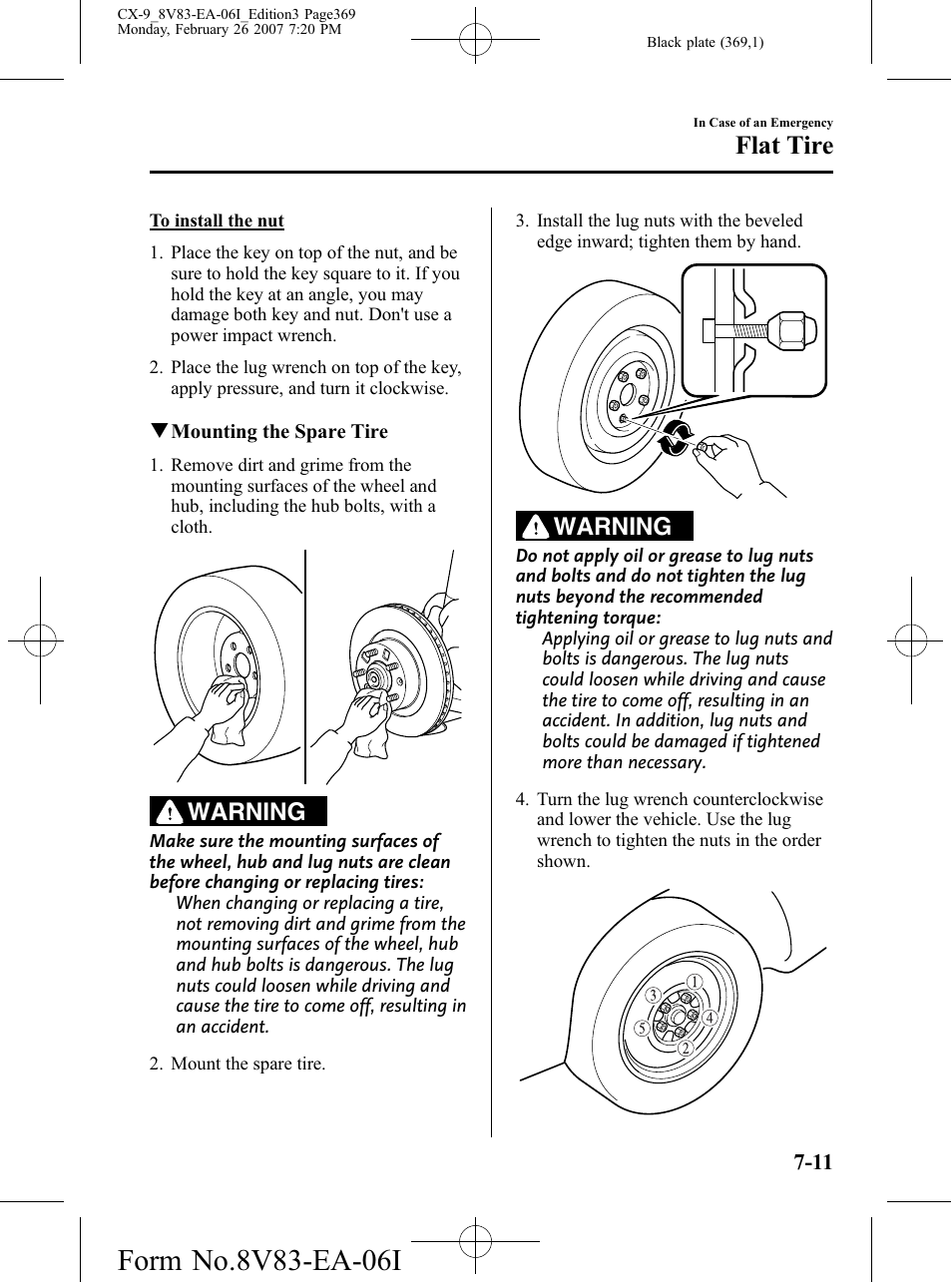 Flat tire, Warning | Mazda 2007 CX-9 User Manual | Page 369 / 502