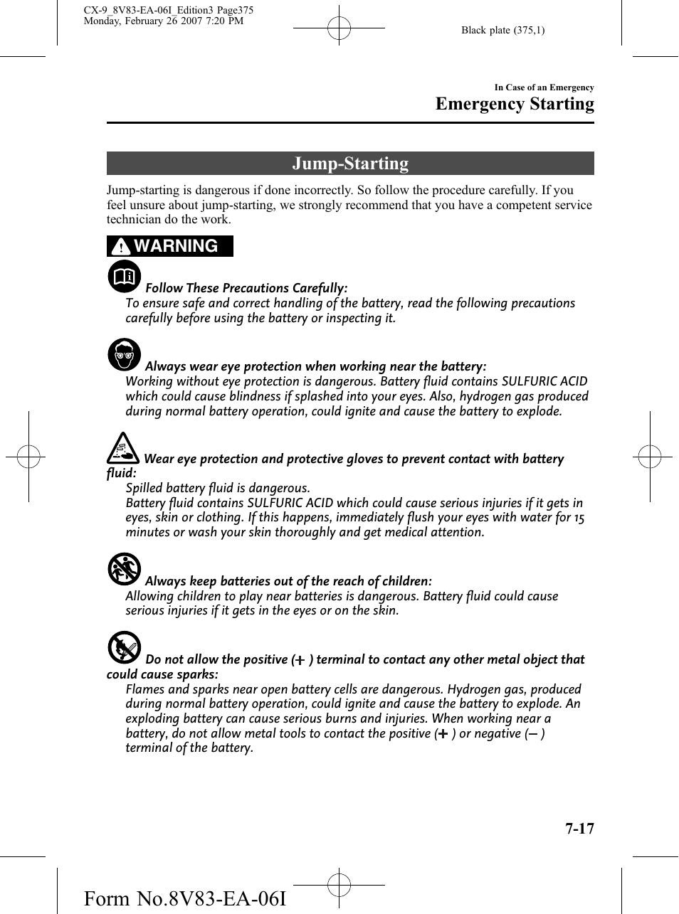 Jump-starting, Jump-starting -17, Emergency starting | Warning | Mazda 2007 CX-9 User Manual | Page 375 / 502