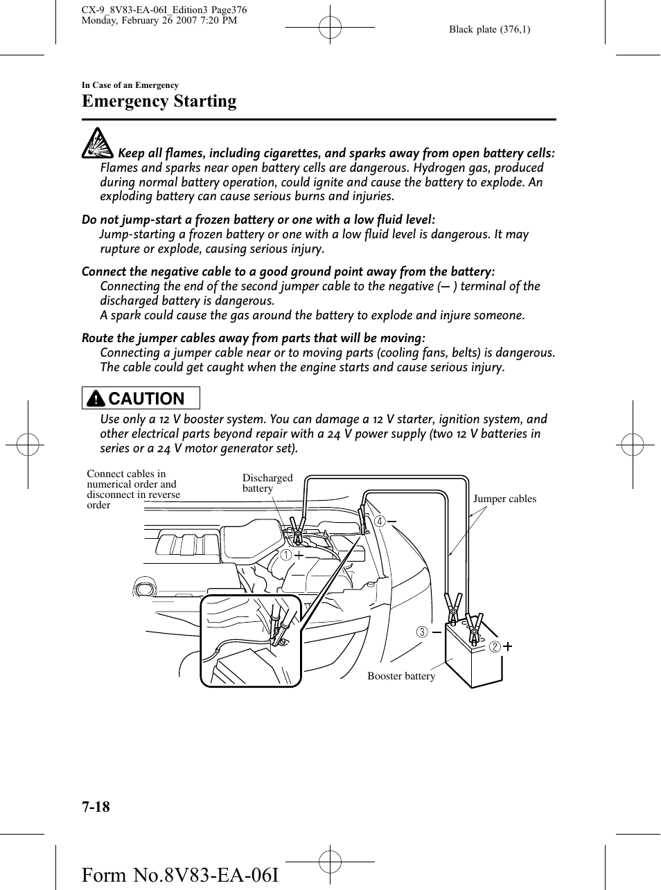 Emergency starting, Caution | Mazda 2007 CX-9 User Manual | Page 376 / 502
