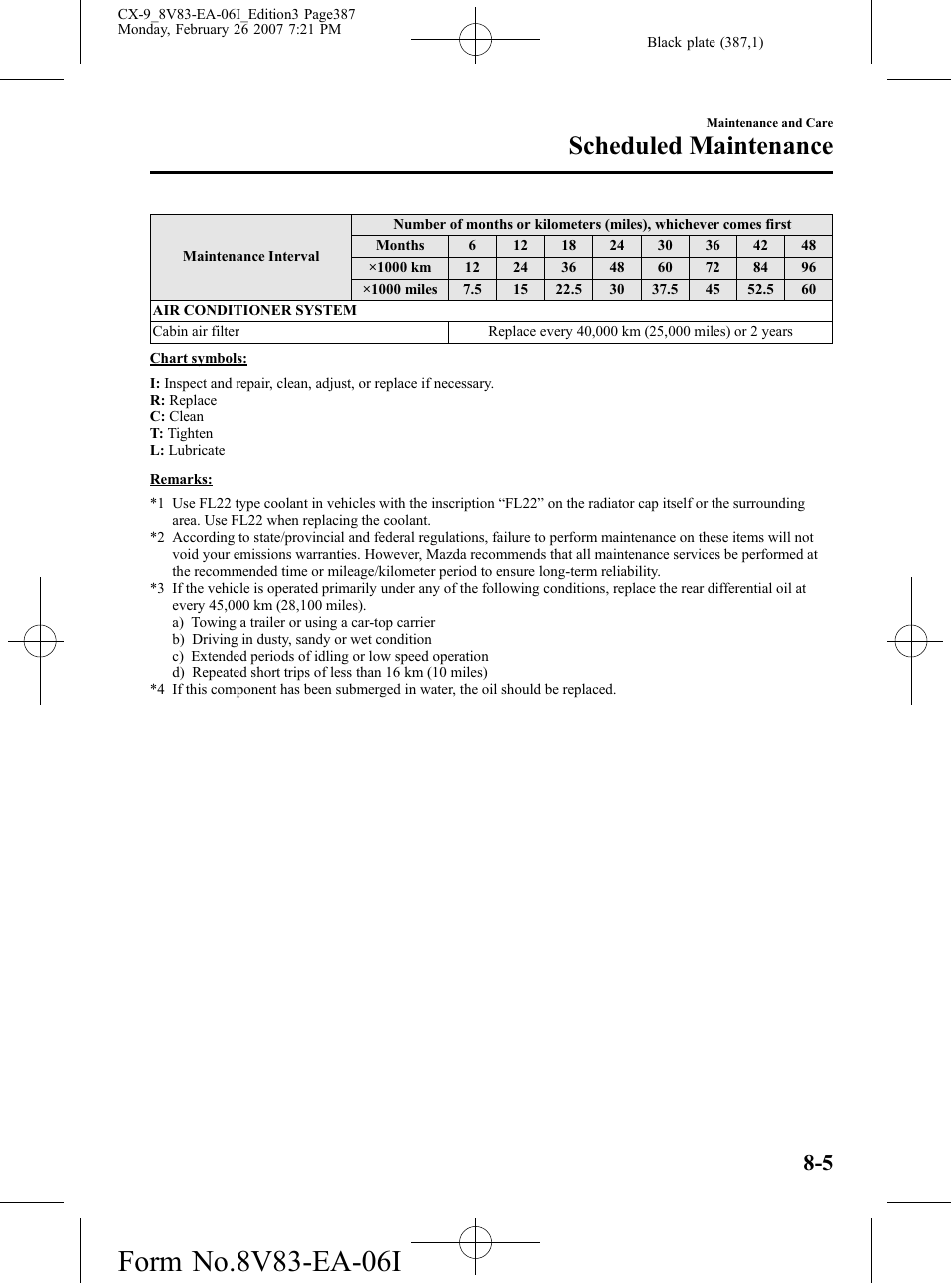 Scheduled maintenance | Mazda 2007 CX-9 User Manual | Page 387 / 502