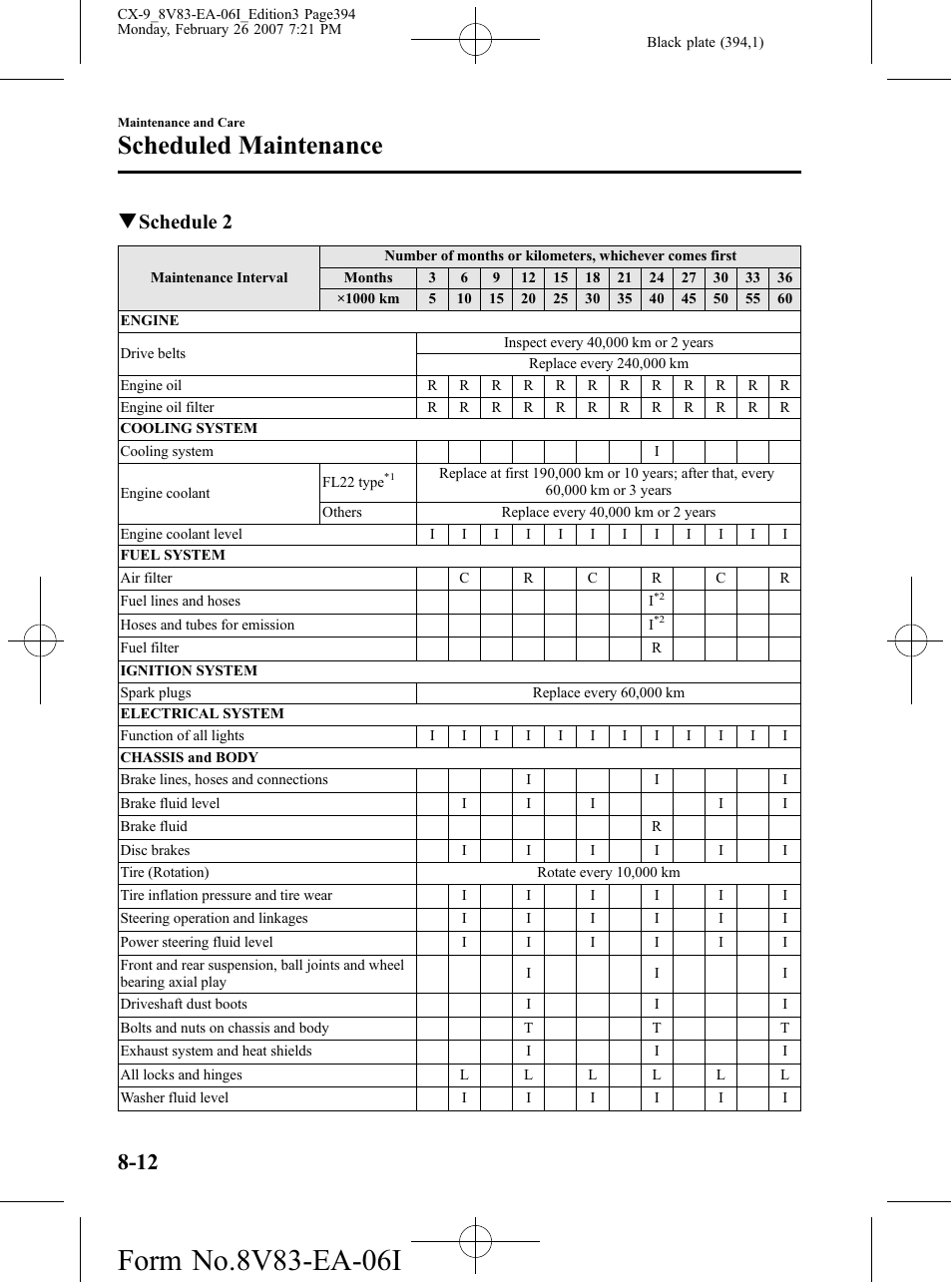 Scheduled maintenance, Qschedule 2 | Mazda 2007 CX-9 User Manual | Page 394 / 502