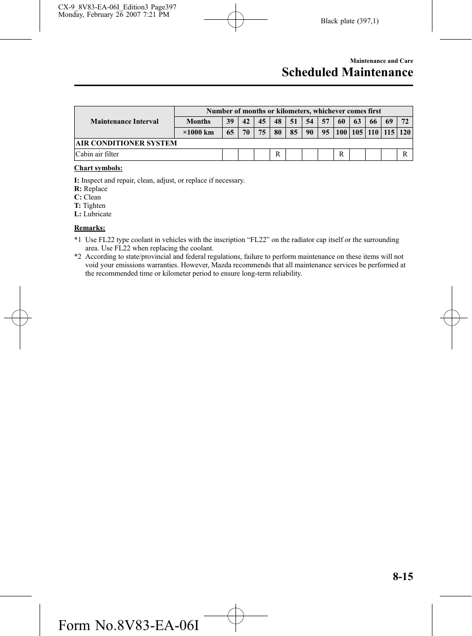 Scheduled maintenance | Mazda 2007 CX-9 User Manual | Page 397 / 502