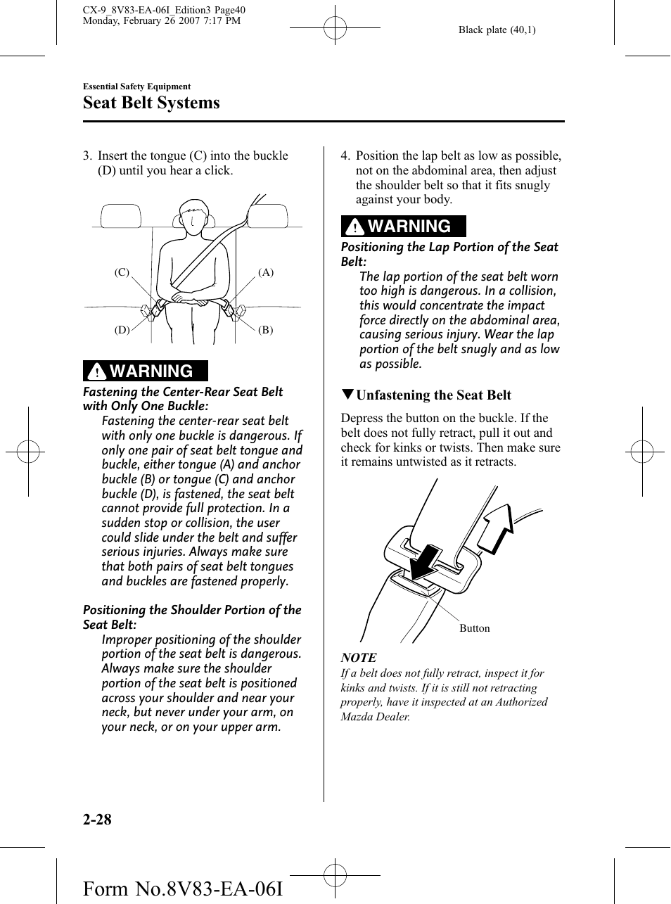 Seat belt systems, Warning | Mazda 2007 CX-9 User Manual | Page 40 / 502